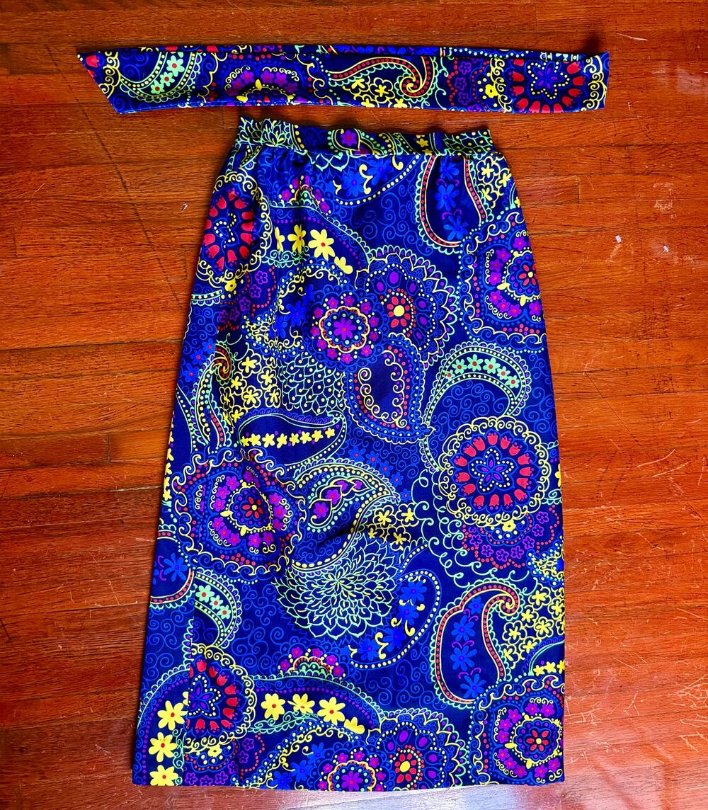 Vintage 70’s Black Yellow Psychedelic Colorful Paisley Maxi Skirt Belt XS Small